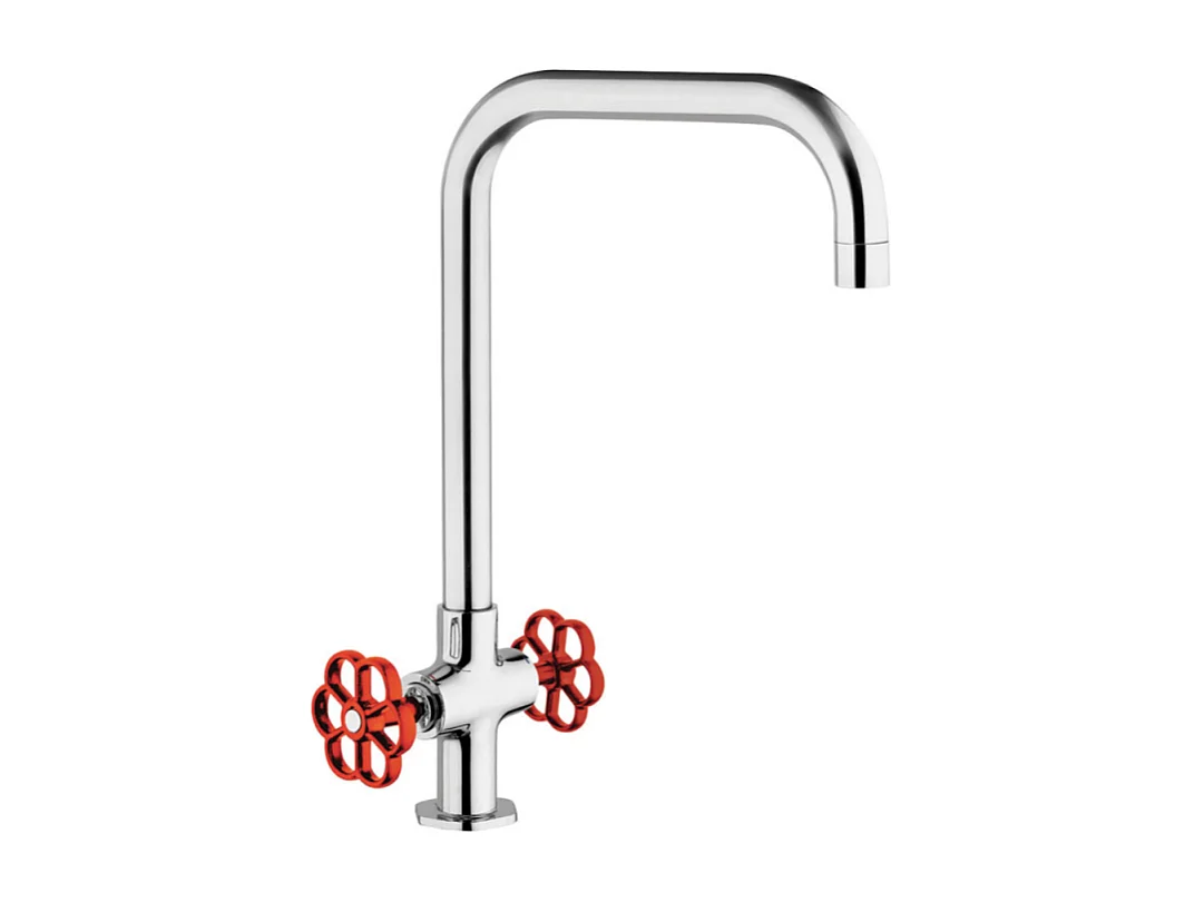 PAINI Mélangeur cuisine Induss Bec haut chrome - manette rouge douchette extractible