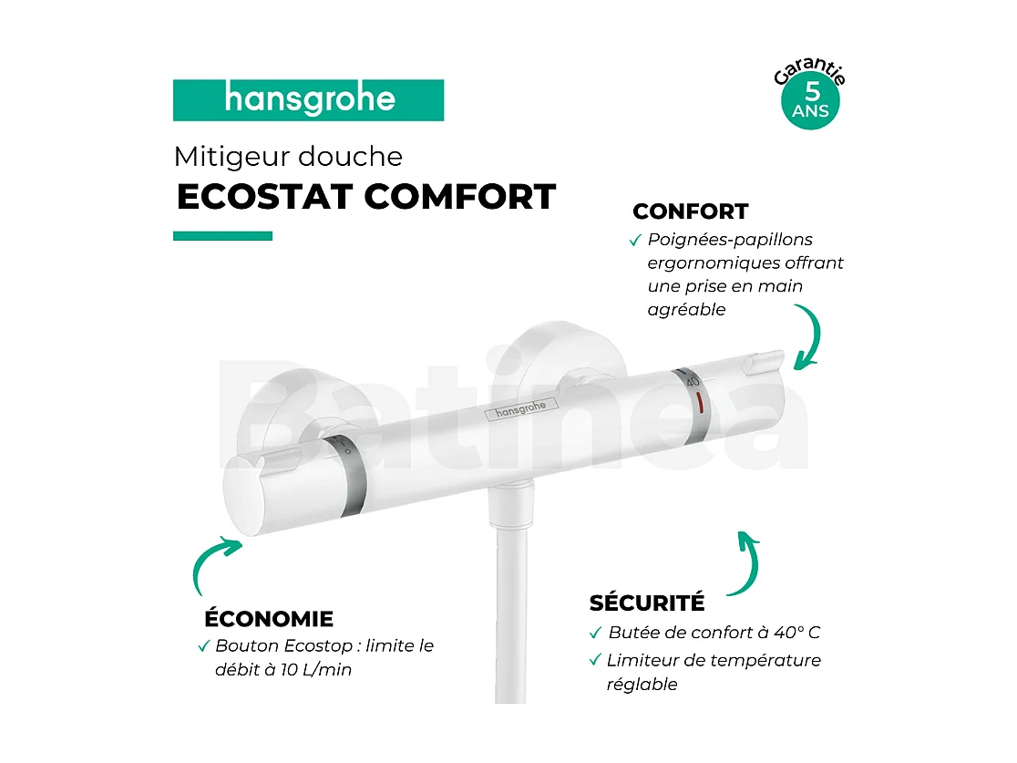 HANSGROHE Ecostat Comfort mezclador termostático de ducha blanco mate