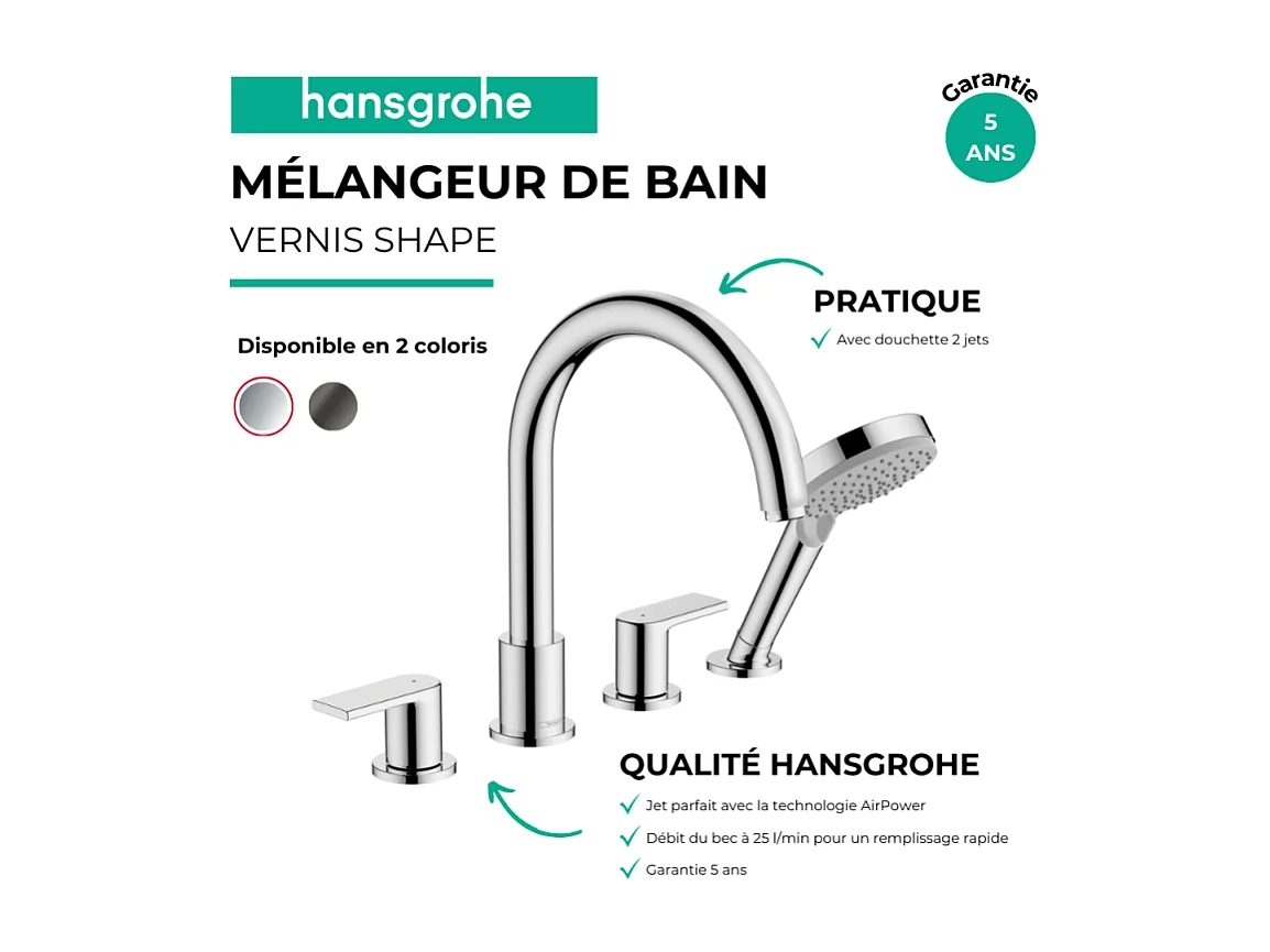Mélangeur bain douche 4 trous HANSGROHE Vernis Shape chromé