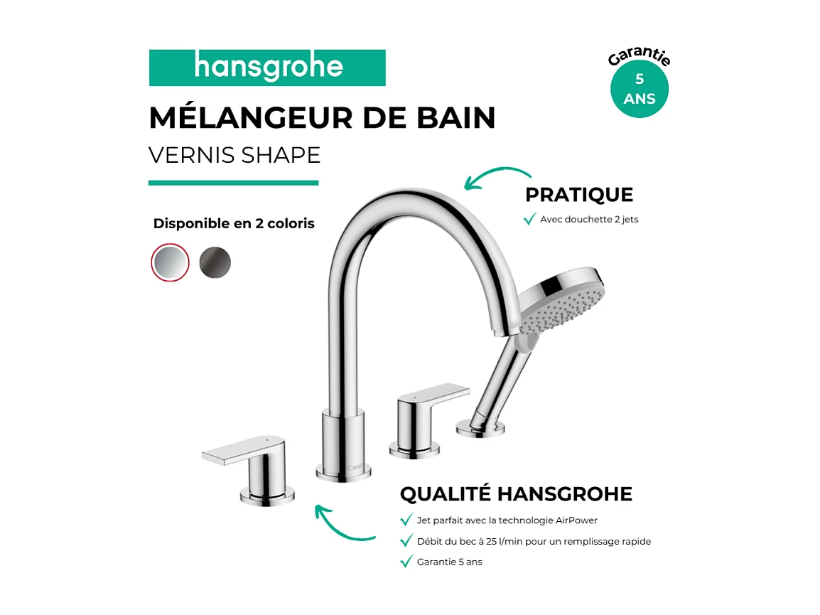 Mélangeur bain douche 4 trous HANSGROHE Vernis Shape chromé