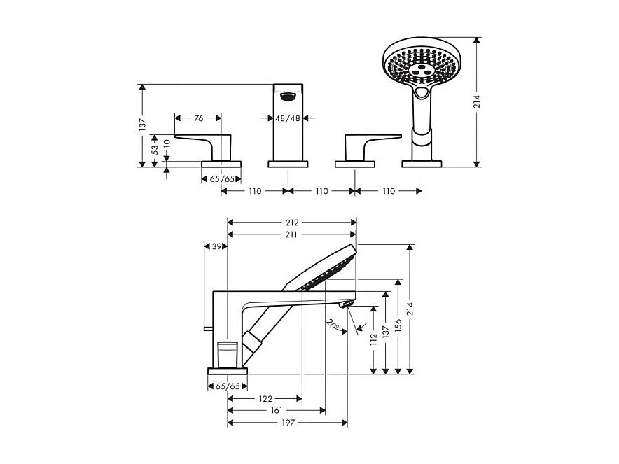 HANSGROHE Mélangeur 4 trous Metropol pour baignoire avec Secuflex poignée manette Chromé avec Corps encastré