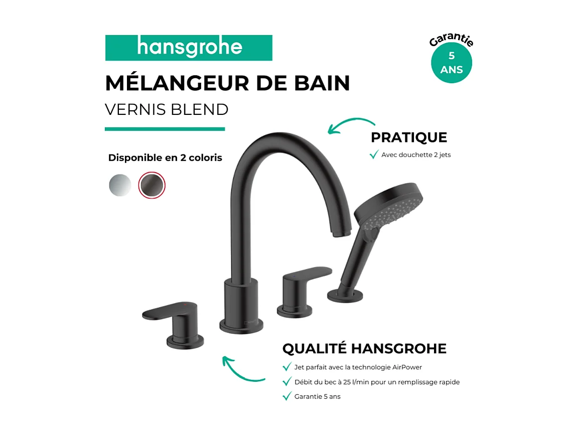 Robinet mélangeur bain douche 4 trous HANSGROHE Vernis Blend noir mat