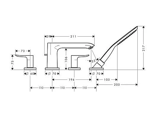 Robinet mélangeur bain douche 4 trous HANSGROHE Metris chromé