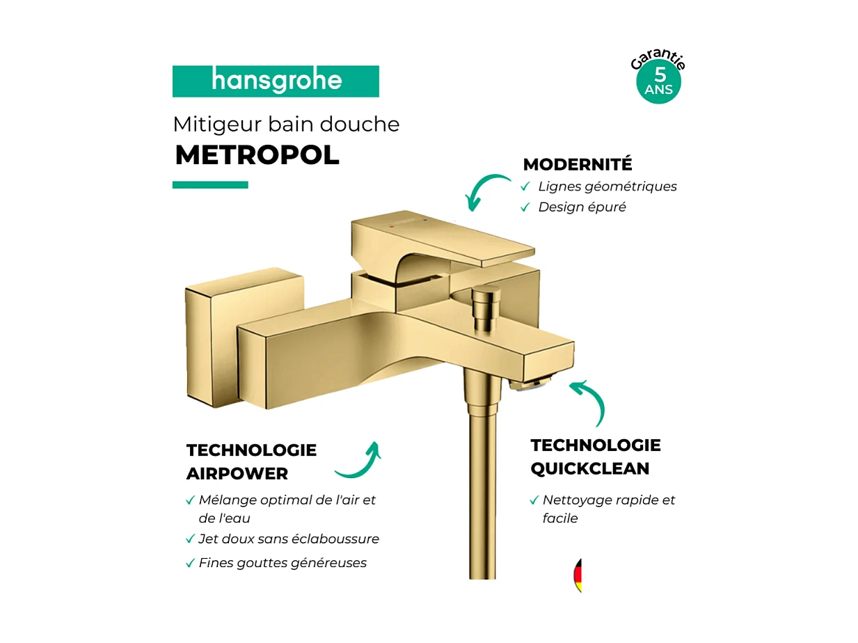 Mitigeur bain douche mécanique HANSGROHE Metropol aspect doré poli