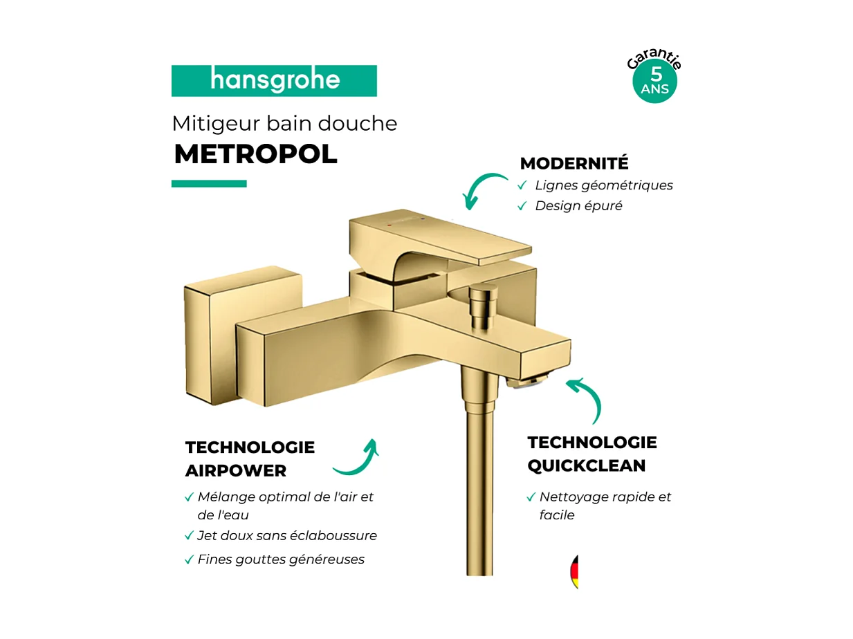 Mitigeur bain douche mécanique HANSGROHE Metropol aspect doré poli