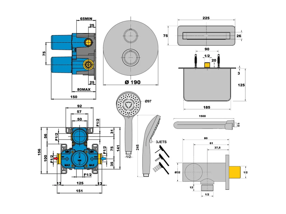 Pack mitigeur bain douche thermostatique encastré rond PAINI Ruby Chrome