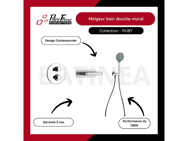 Pack mitigeur bain douche thermostatique encastré rond PAINI Ruby Chrome