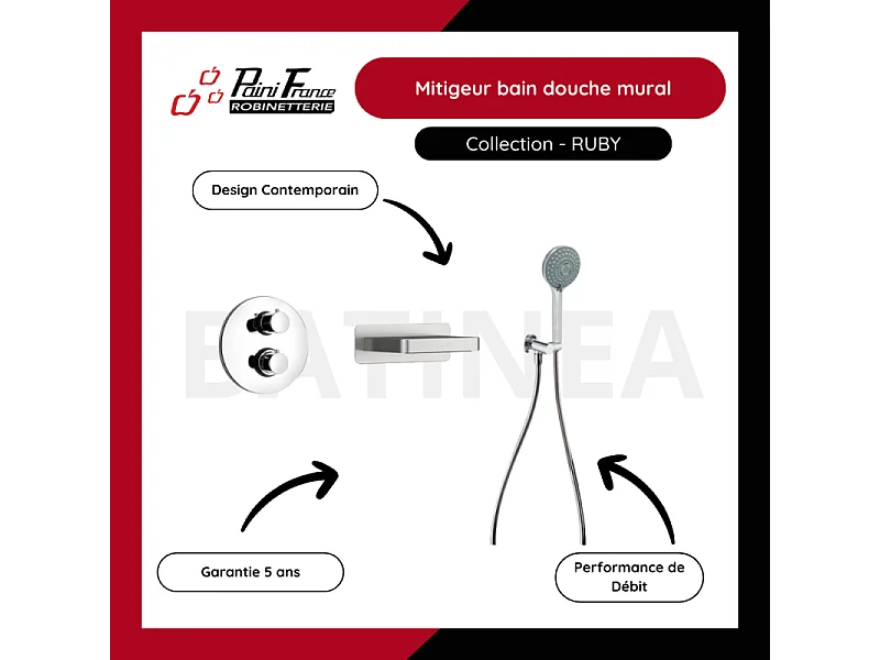 Pack mitigeur bain douche thermostatique encastré rond PAINI Ruby Chrome