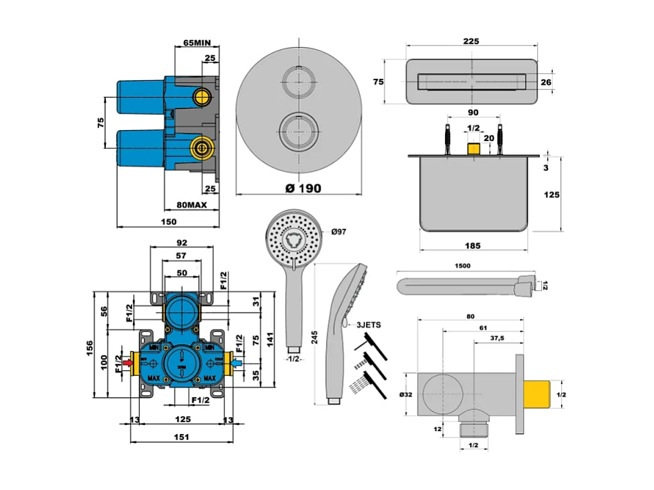 Pack mitigeur bain douche thermostatique encastré rond PAINI Ruby Chrome