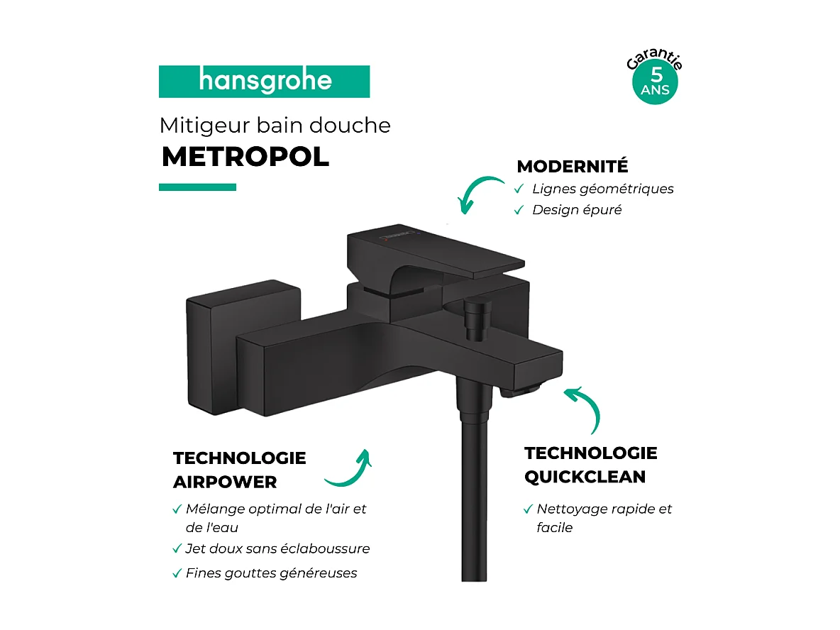 Mitigeur bain douche mécanique HANSGROHE Metropol noir mat