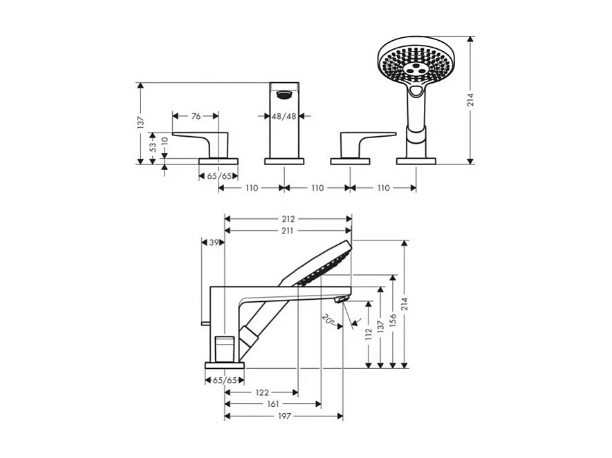 HANSGROHE Mélangeur 4 trous Metropol pour baignoire avec Secuflex poignée étrier Chromé avec Corps encastré