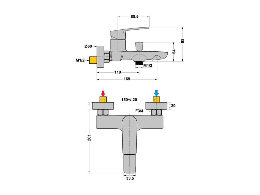 Mitigeur bain douche mural PAINI Ruby Chrome