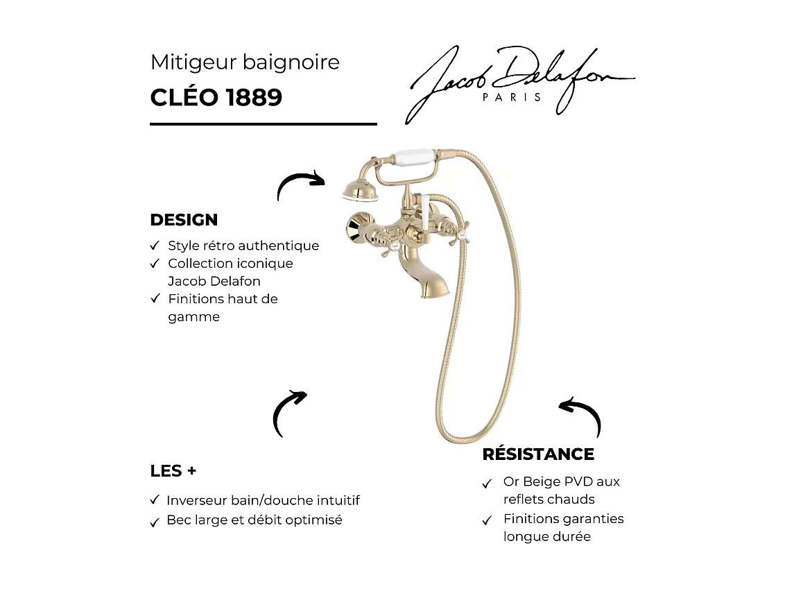 Mélangeur baignoire JACOB DELAFON Cléo 1889 avec pommeau douche Or beige