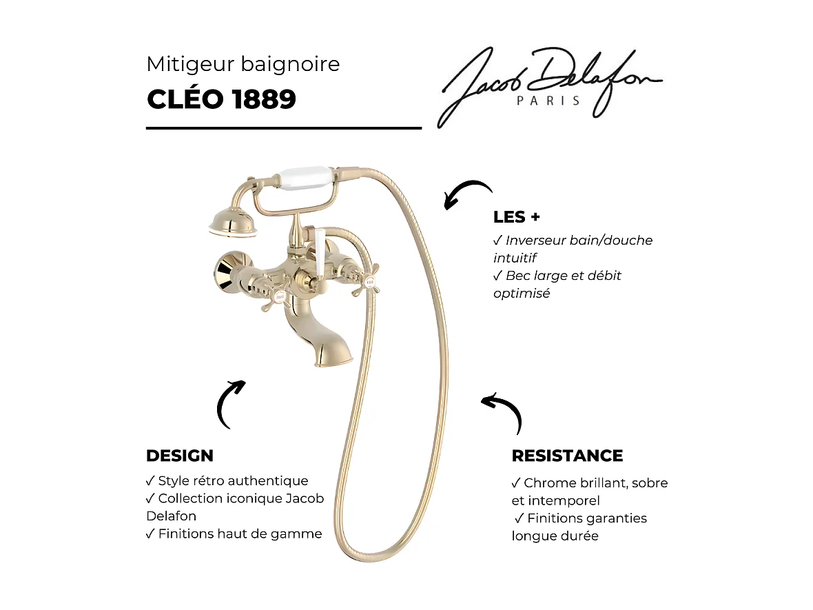 Mélangeur baignoire JACOB DELAFON Cléo 1889 avec pommeau douche Or beige