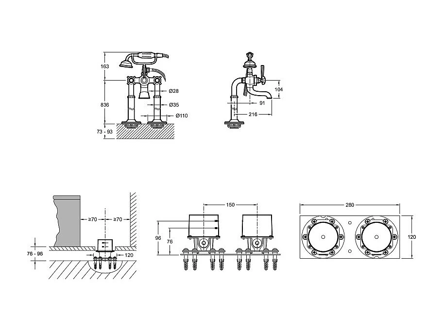 JACOB DELAFON Mélangeur bain douche Cléo 1889 montage au sol Or Beige avec corps encastré au sol
