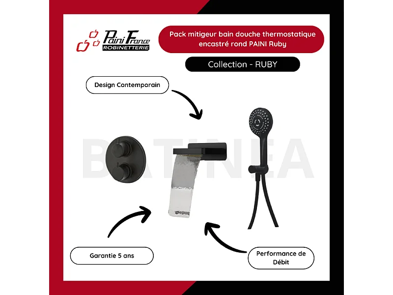 Pack mitigeur bain douche thermostatique encastré rond PAINI Ruby Noir Mat