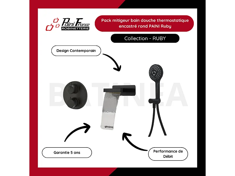 Pack mitigeur bain douche thermostatique encastré rond PAINI Ruby Noir Mat