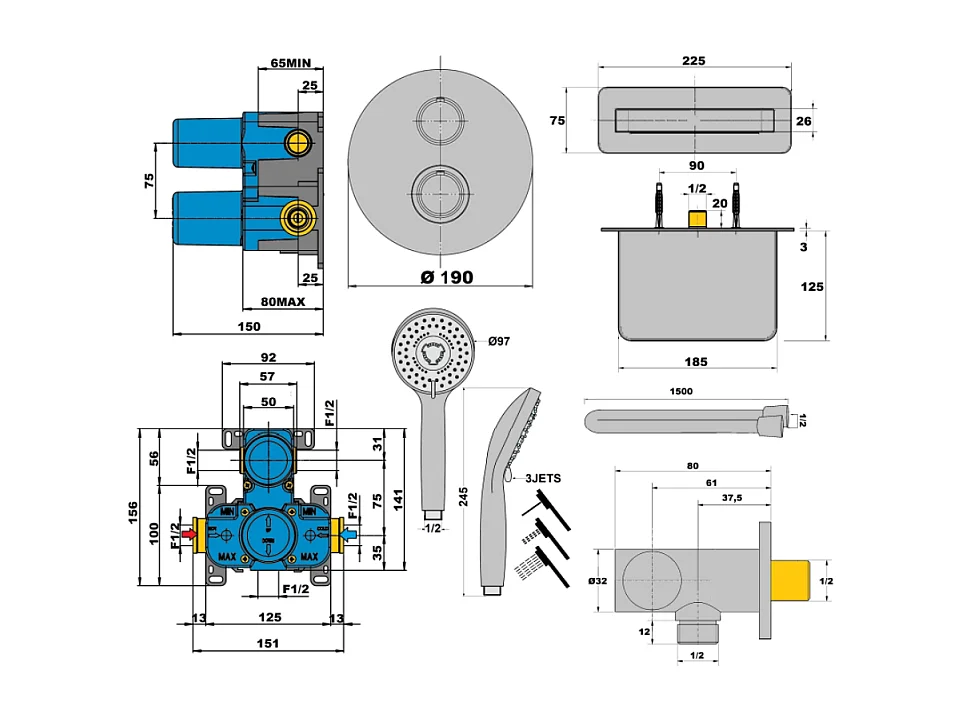 Pack mitigeur bain douche thermostatique encastré rond PAINI Ruby Noir Mat