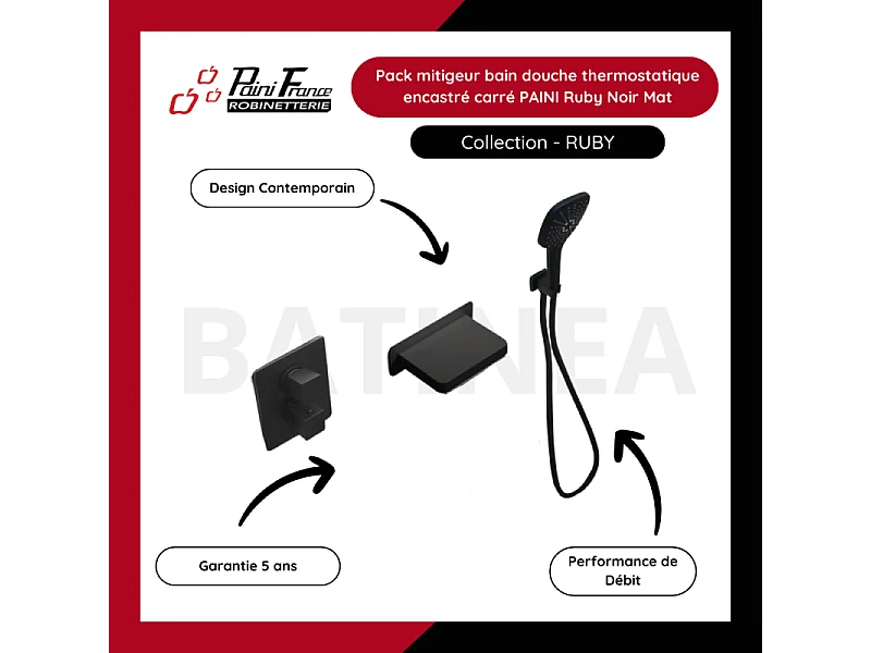 Pack mitigeur bain douche thermostatique encastré carré PAINI Ruby Noir Mat