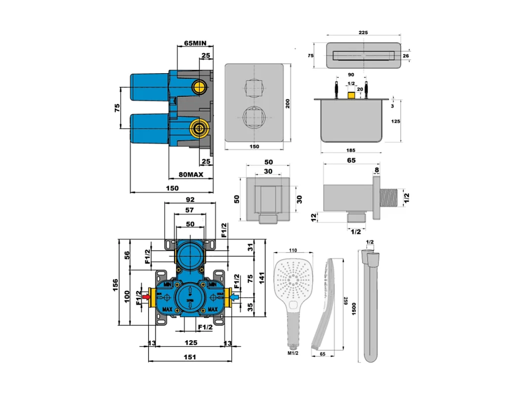 Pack mitigeur bain douche thermostatique encastré carré PAINI Ruby Noir Mat