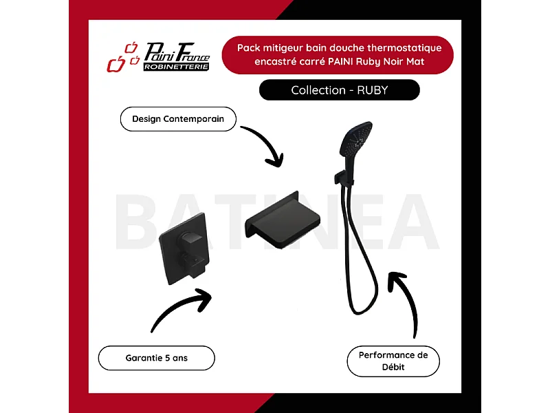 Pack mitigeur bain douche thermostatique encastré carré PAINI Ruby Noir Mat