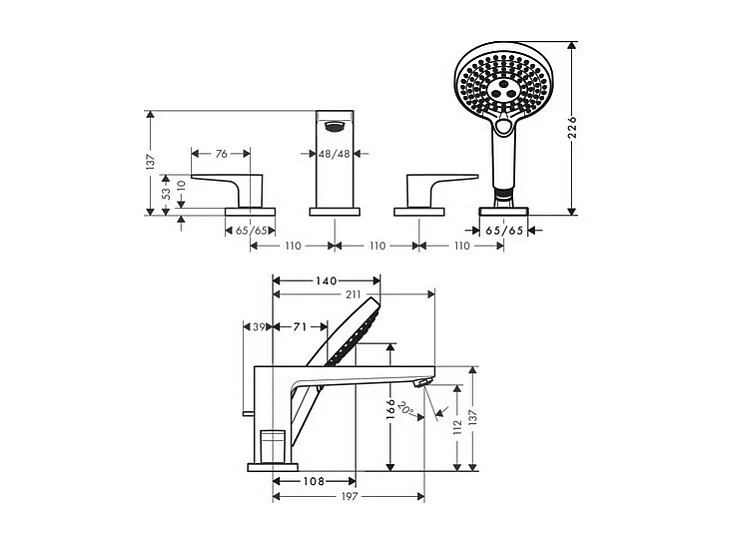 Robinet mélangeur bain douche 4 trous poignée manette HANSGROHE Metropol chromé