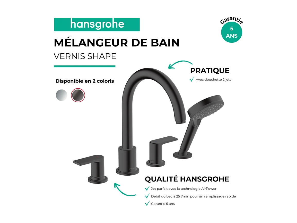 Mélangeur bain douche 4 trous HANSGROHE Vernis Shape noir mat