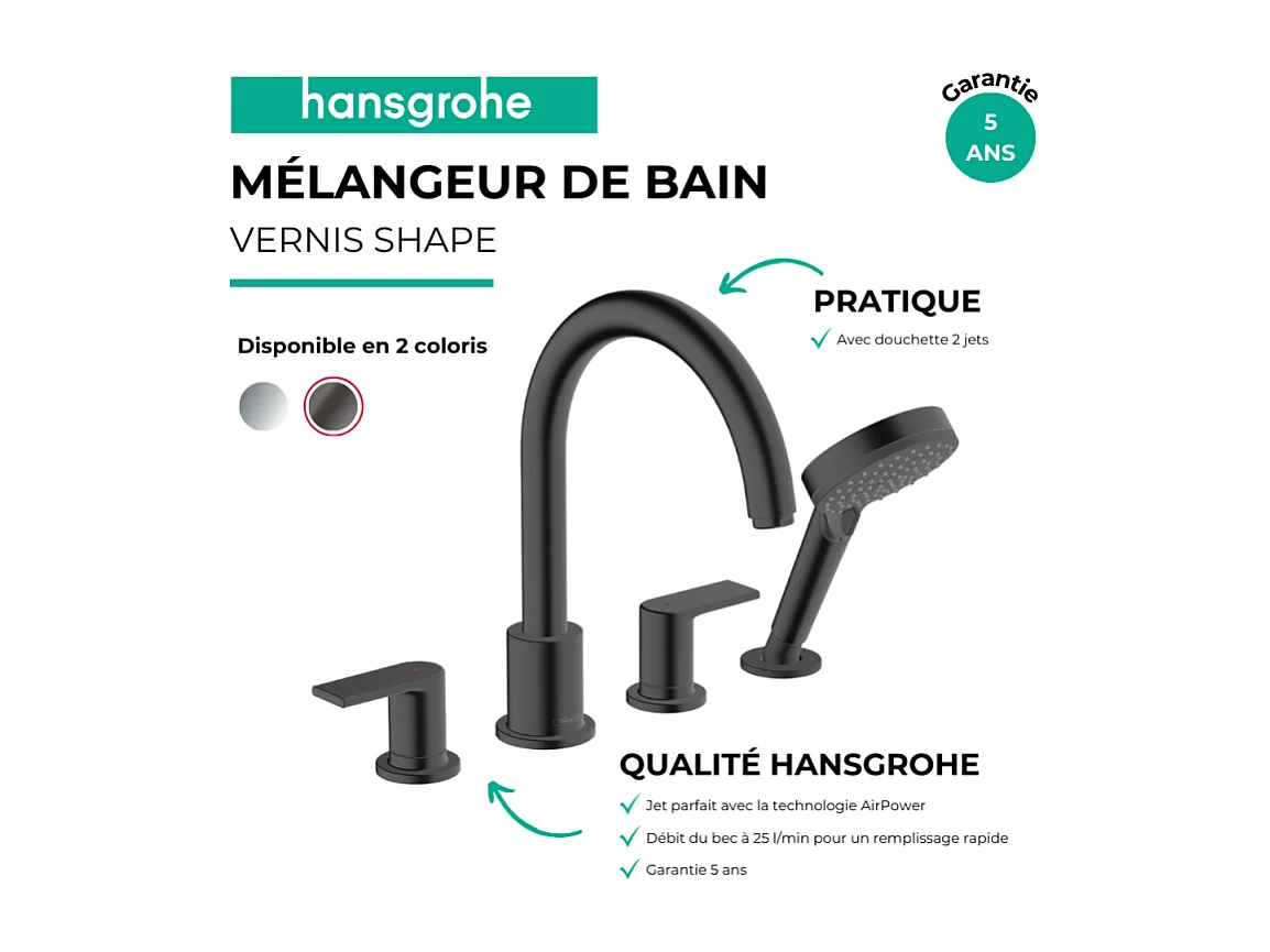 Mélangeur bain douche 4 trous HANSGROHE Vernis Shape noir mat