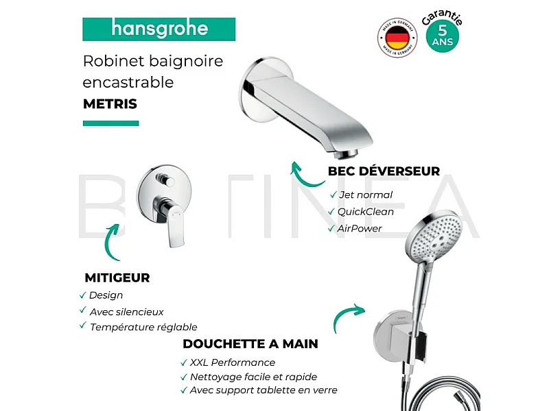 Ensemble robinet bain encastré HANSGROHE Metris chromé