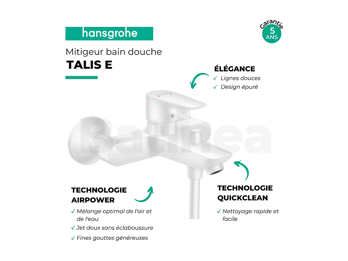 Mitigeur bain douche mécanique HANSGROHE Talis E blanc mat
