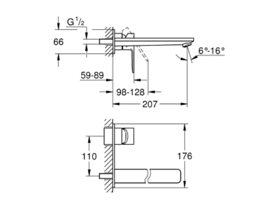 GROHE Façade Mitigeur LINEARE 2 trous lavabo taille L saillie 207 Chromé