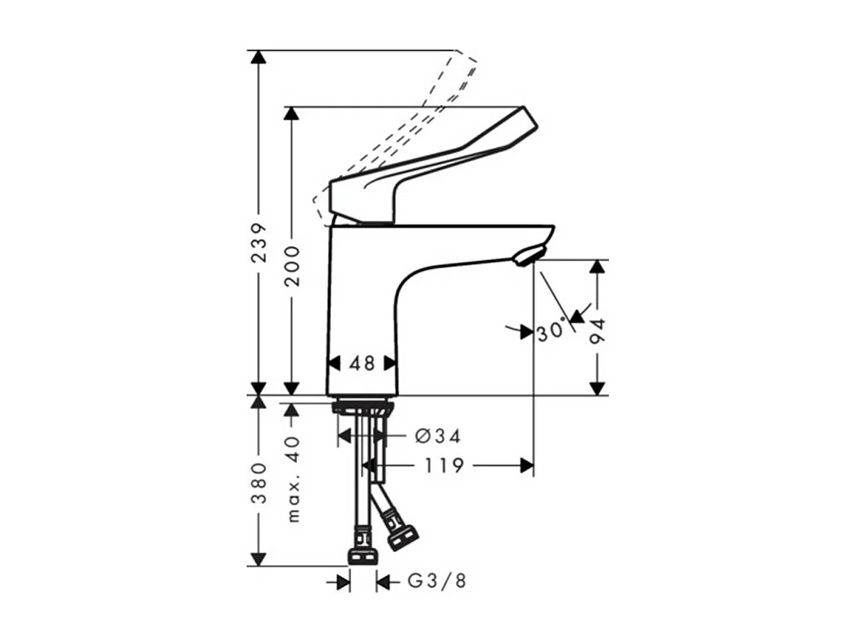HANSGROHE Mitigeur lavabo 100 Care sans tirette ni vidage avec poignée extra longue chromé