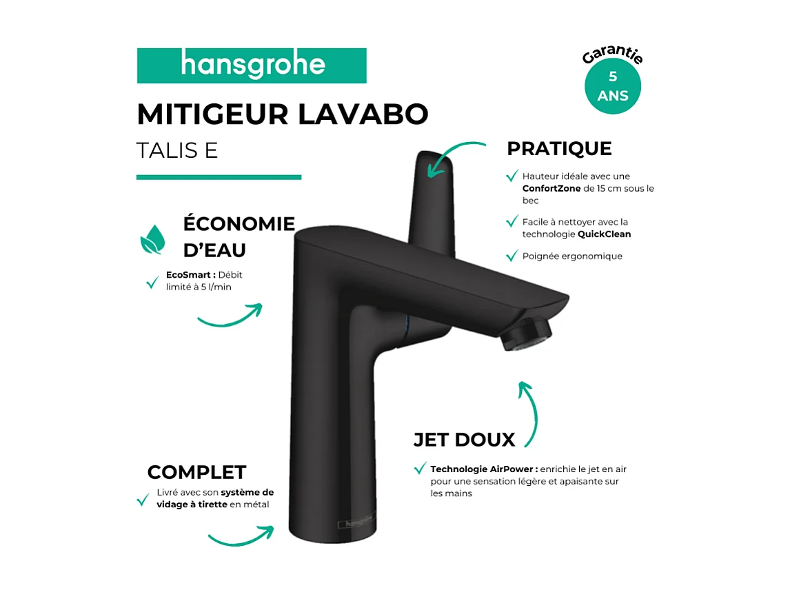 Miscelatore per lavabo Hansgrohe Talis E 150 EcoSmart Nero Opaco