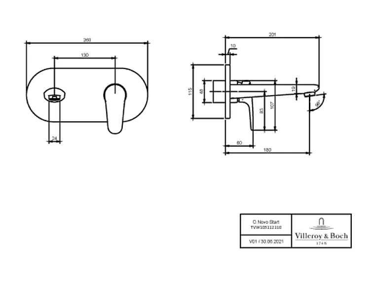 Mitigeur lavabo mural VILLEROY ET BOCH O.novo Start avec vidage Push Open chrome
