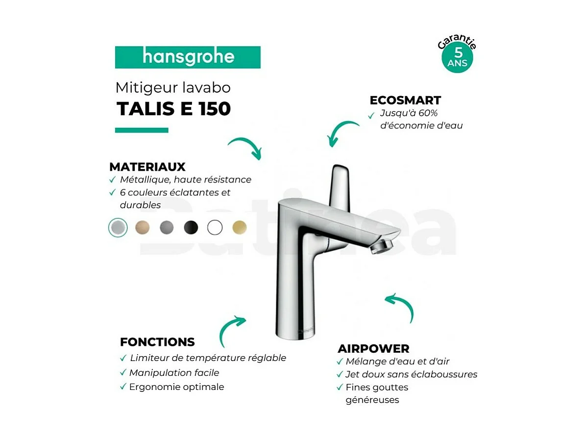 Mitigeur lavabo HANSGROHE Talis E 150, sans tirette ni vidage chromé