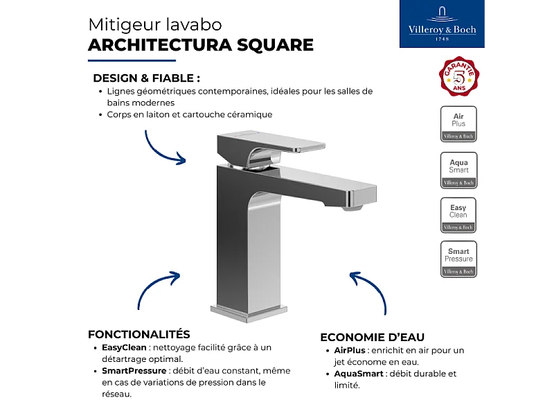 Mitigeur lavabo VILLEROY ET BOCH Architectura Square sans tirette Chrome