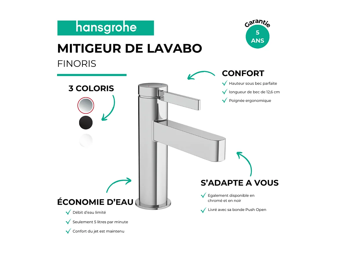 HANSGROHE Mitigeur de lavabo 100, bonde Push-Open chromé Finoris