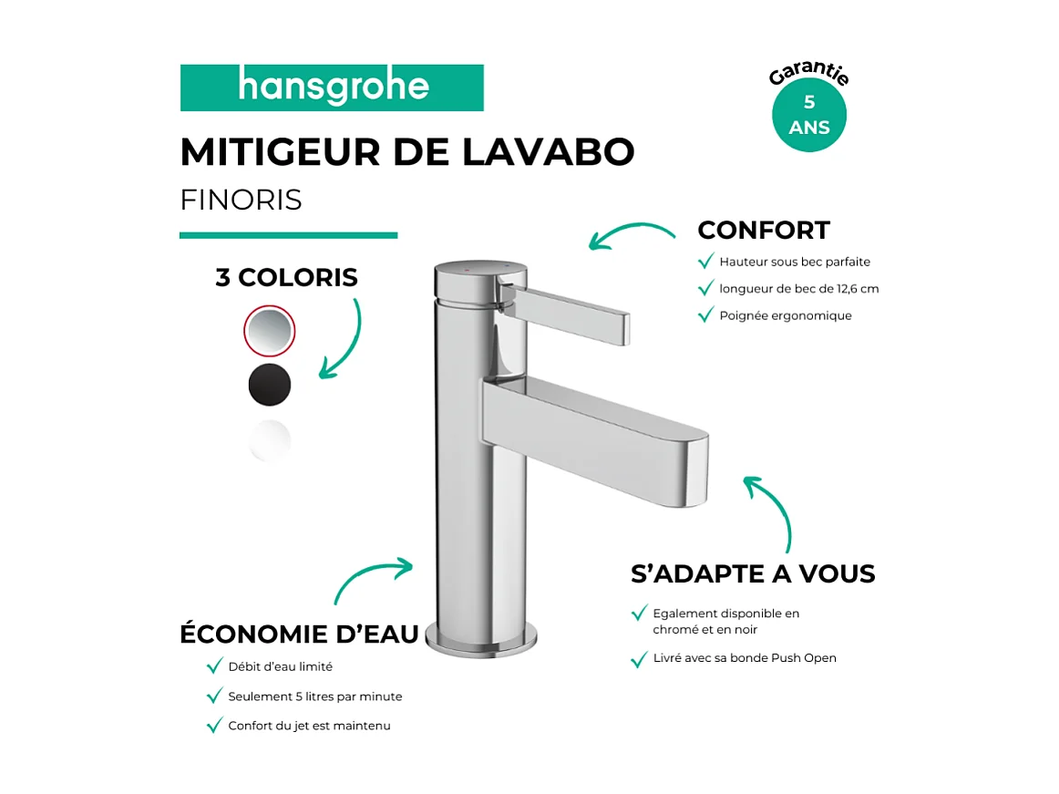 HANSGROHE Mitigeur de lavabo 100, bonde Push-Open chromé Finoris