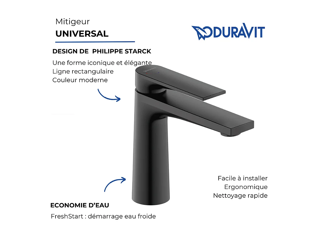 Mitigeur lavabo taille M DURAVIT Tulum Freshstart noir mat sans tirette ni vidage