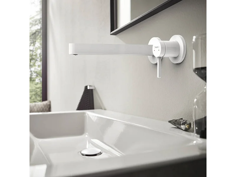 Lot de 2 mitigeurs lavabo mural HANSGROHE Finoris 255 mm + bonde à écoulement libre Blanc mat + Corps encastré