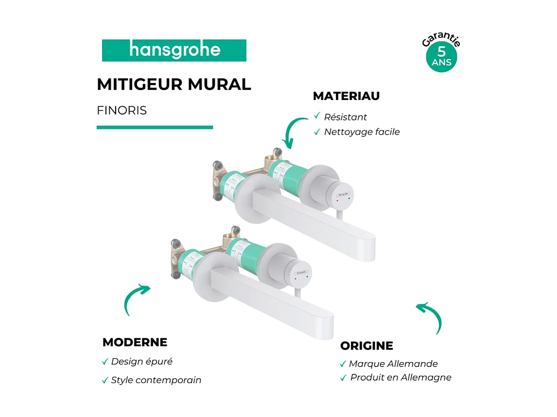 Lot de 2 mitigeurs lavabo mural HANSGROHE Finoris 255 mm + bonde à écoulement libre Blanc mat + Corps encastré