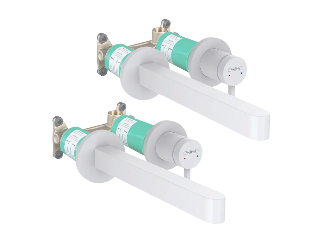 Lot de 2 mitigeurs lavabo mural HANSGROHE Finoris 255 mm + bonde à écoulement libre Blanc mat + Corps encastré
