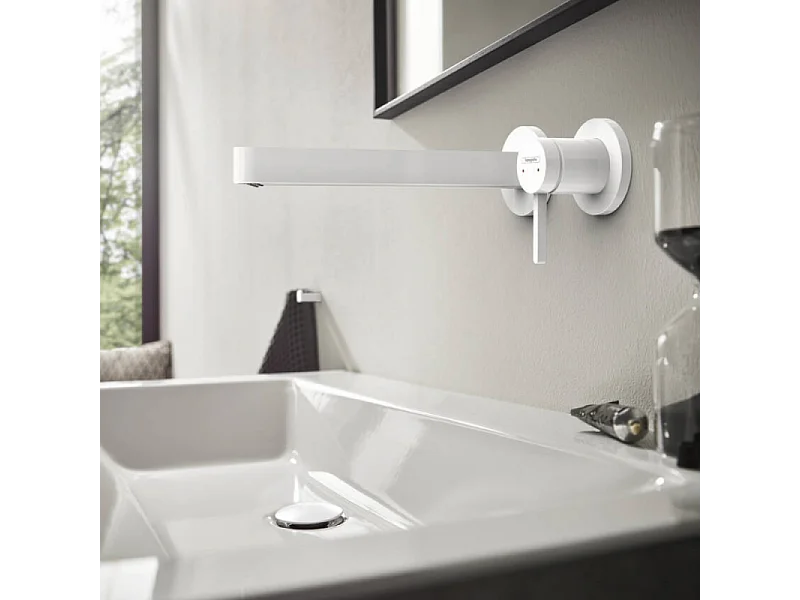 Lot de 2 mitigeurs lavabo mural HANSGROHE Finoris 255 mm + bonde à écoulement libre Blanc mat + Corps encastré