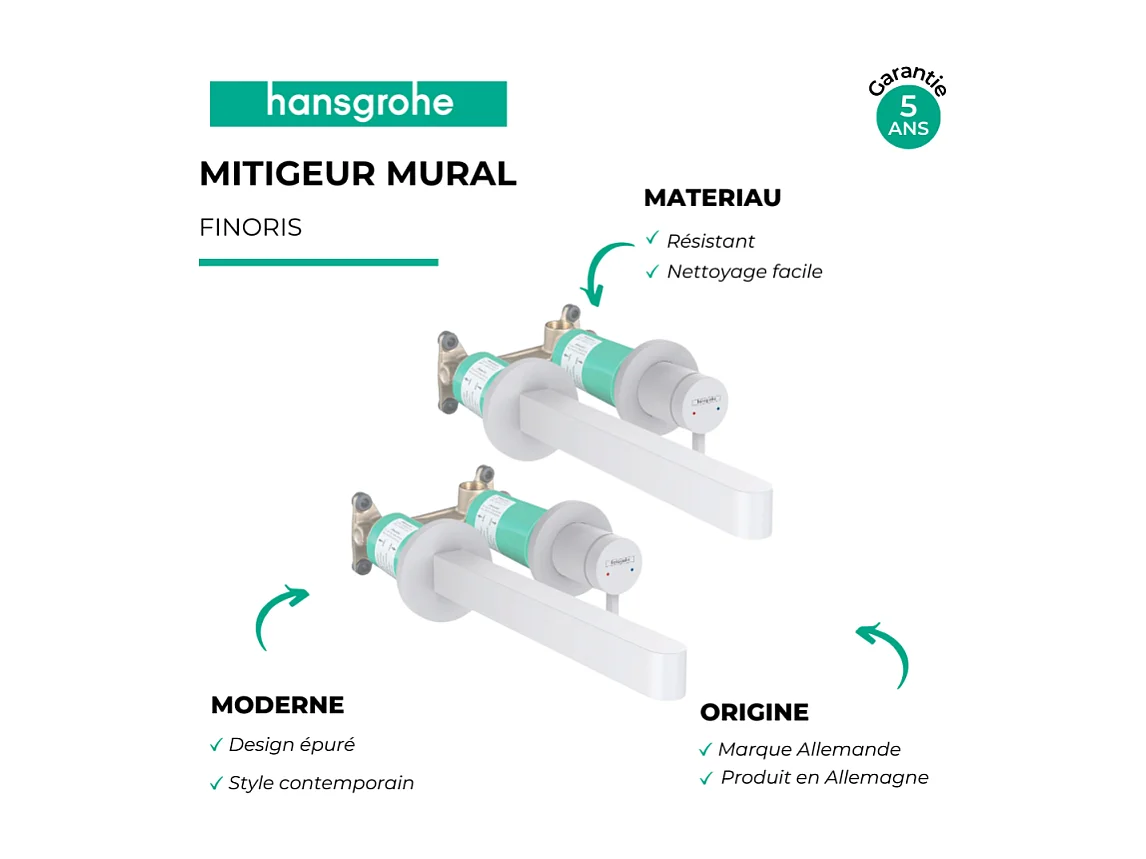 Lot de 2 mitigeurs lavabo mural HANSGROHE Finoris 255 mm + bonde à écoulement libre Blanc mat + Corps encastré