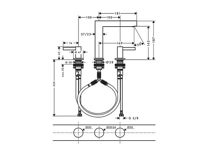 HANSGROHE Mélangeur de lavabo 3 trous 160, bonde Push-Open blanc mat Finoris