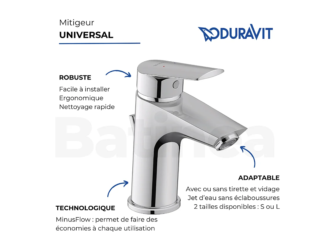 Mitigeur lavabo taille L DURAVIT Duravit No.1 MinusFlow chromé sans tirette ni vidage