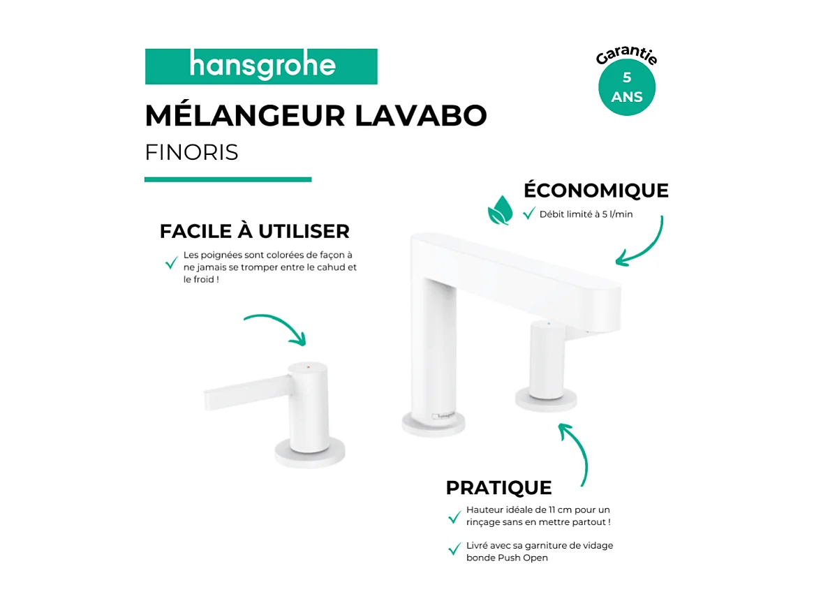 Mélangeur de lavabo 3 trous HANSGROHE Finoris 110 avec bonde Push-Open blanc mat
