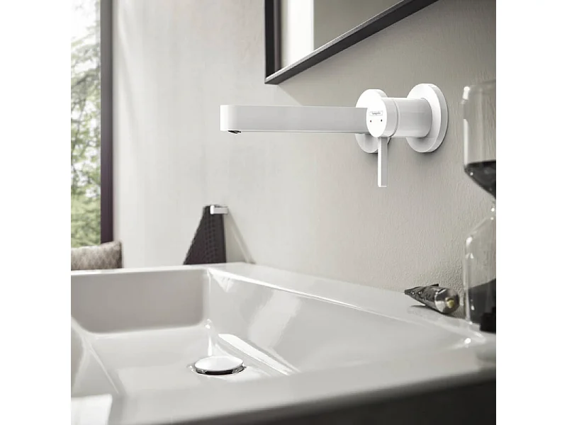 Lot de 2 mitigeurs lavabo mural HANSGROHE Finoris 165 mm + bonde à écoulement libre Blanc mat + Corps encastré