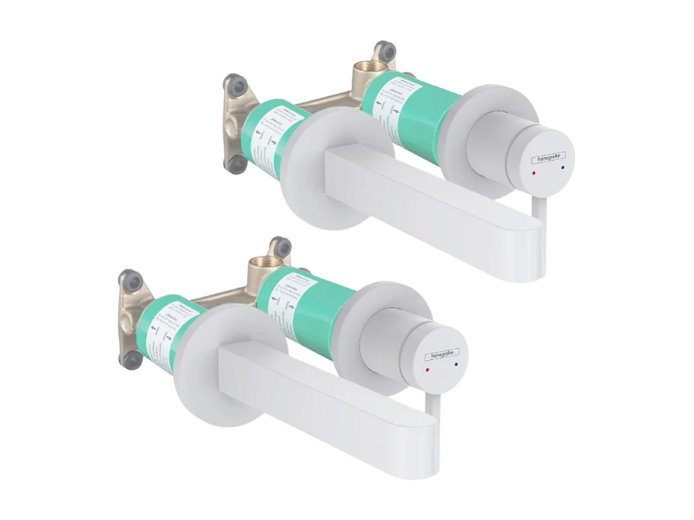 Lot de 2 mitigeurs lavabo mural HANSGROHE Finoris 165 mm + bonde à écoulement libre Blanc mat + Corps encastré