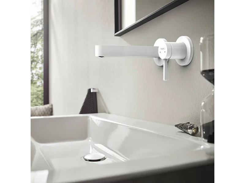 Lot de 2 mitigeurs lavabo mural HANSGROHE Finoris 165 mm + bonde à écoulement libre Blanc mat + Corps encastré